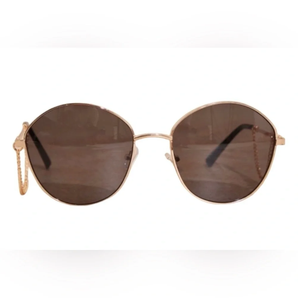 NEW PrettyLittleThing Black Good Dangly Chain Detail Round Frame Sunglasses